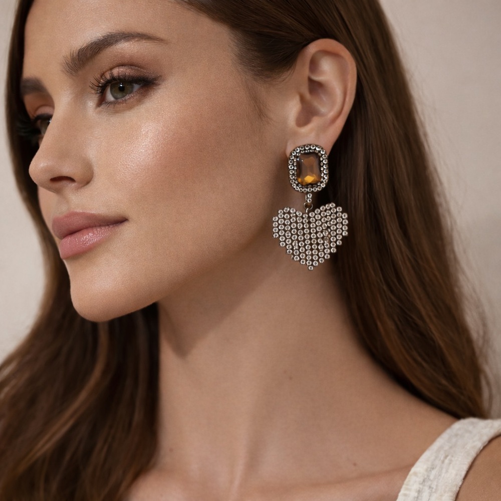 Zara Silver Crystal Heart Drop Earrings with Amber Stone